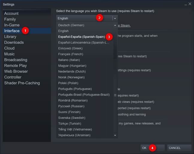 The Steam language change settings in Windows 10