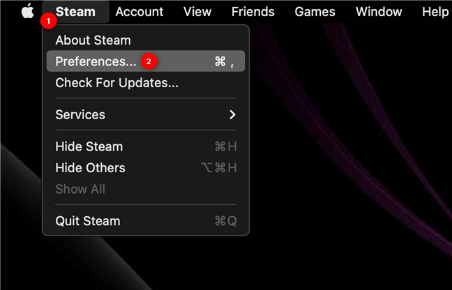 Access Steam preferences from the menu bar