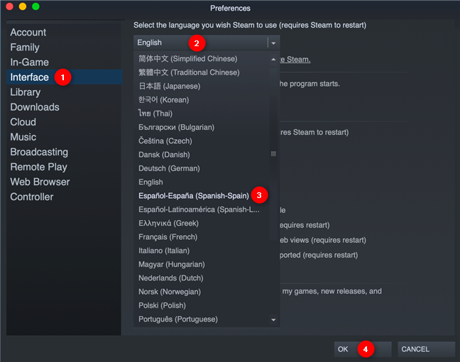 The Steam language preferences on macOS