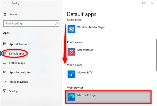 Click to set another default browser in Windows 10