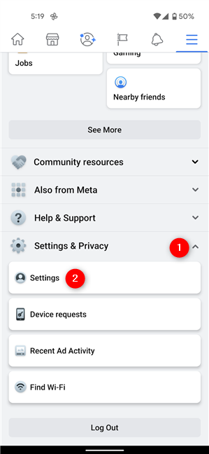 Tap on Settings from the Settings & Privacy menu