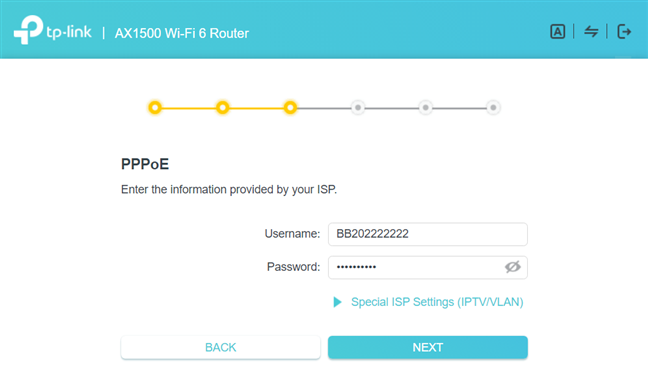 Enter the username and password for PPPoE