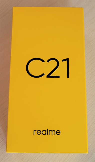 realme c21 comes in a small yellow box