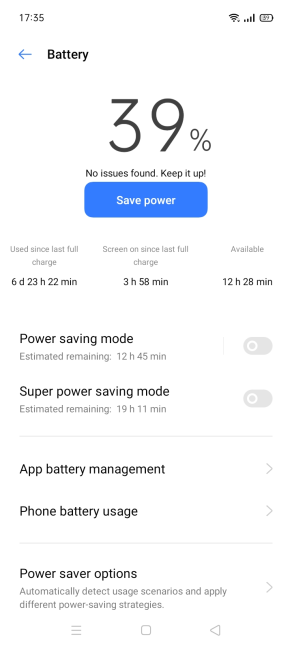 Battery stats for the realme C21