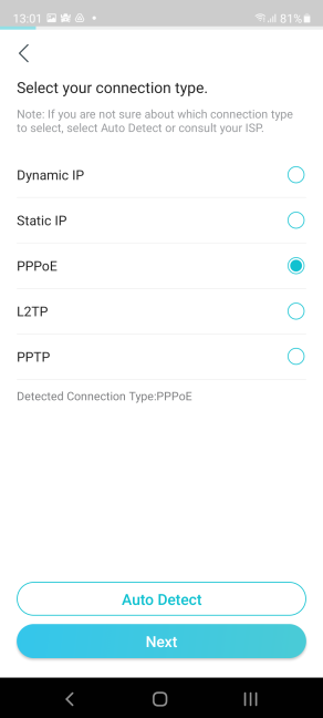 Choose your internet connection type