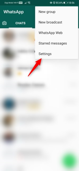 The Settings entry from WhatsApp for Android
