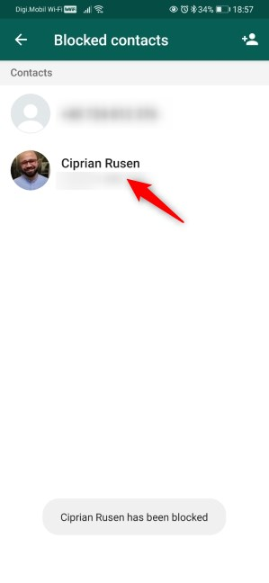 Someone blocked on WhatsApp for Android