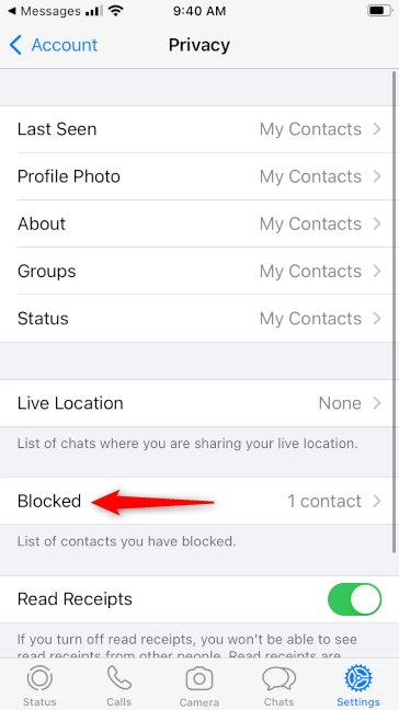 Open the list of Blocked contacts on WhatsApp for iPhone