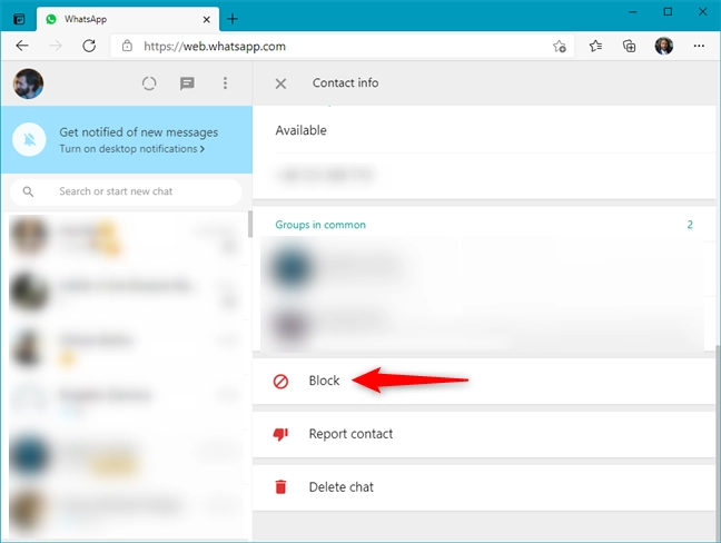 How to block someone in WhatsApp Web from the contacts page