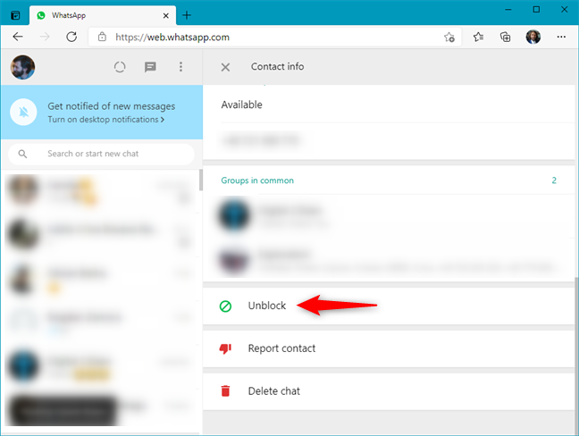 How to unblock someone in WhatsApp Web from the contacts page