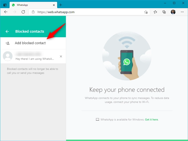 Add blocked contact in WhatsApp Web