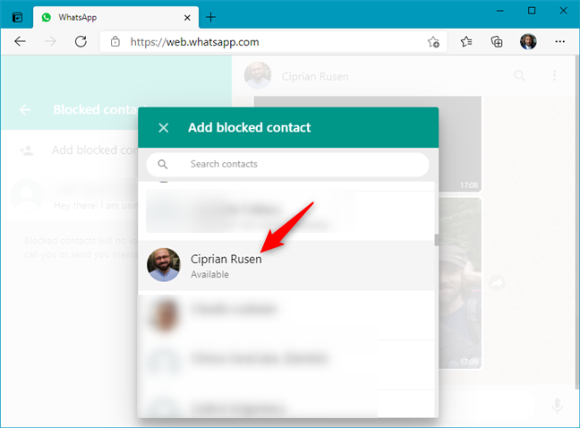 Choosing whom to block in WhatsApp Web
