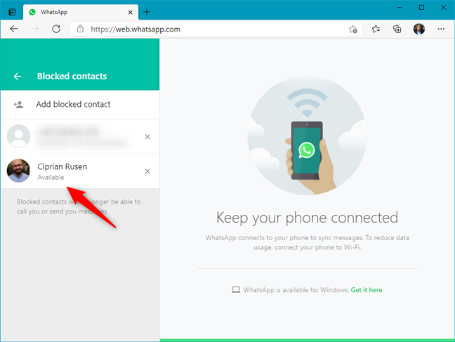 Someone who was blocked in WhatsApp Web