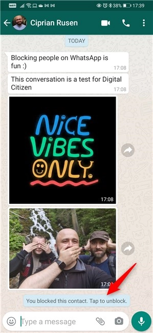 A blocked contact on WhatsApp