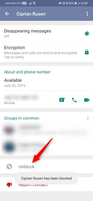 How to unblock someone on WhatsApp for Android from the contact screen
