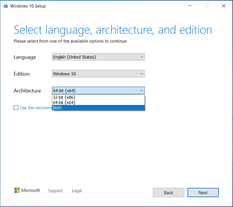Select the language and the Windows 10 architecture
