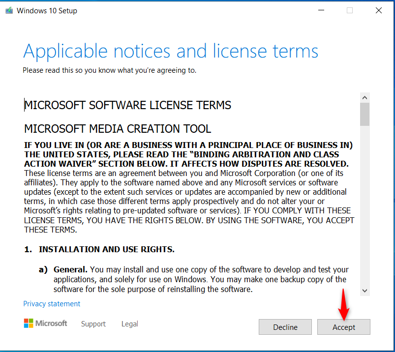 Accept the license terms for the Windows 10 Media Creation Tool