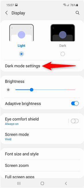 Access the Android Dark mode settings