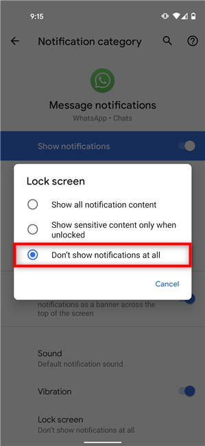 Hide message notifications from WhatsApp