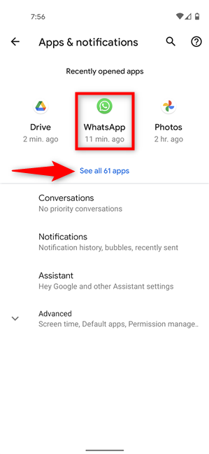 Press on WhatsApp to see its settings