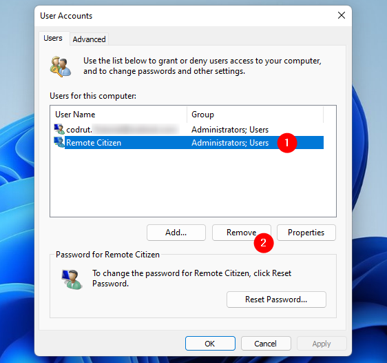 Remove an account from Windows 11 with netplwiz