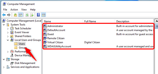 Access the Users folder under Local Users and Groups