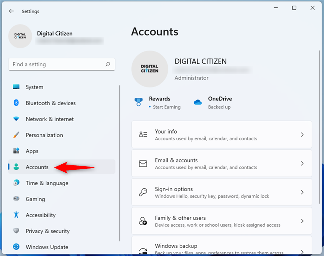 Access the Accounts section from Windows 11's Settings app
