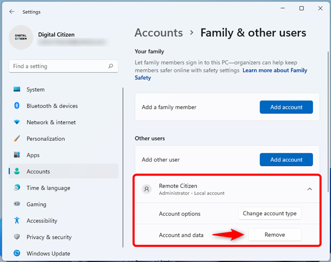 How to remove an account from Windows 11 using Settings