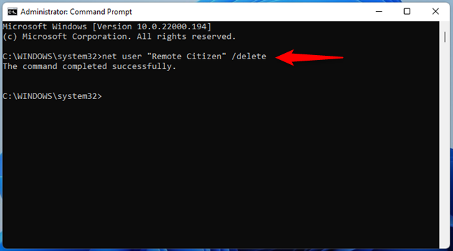 Use CMD to remove an account from Windows 11