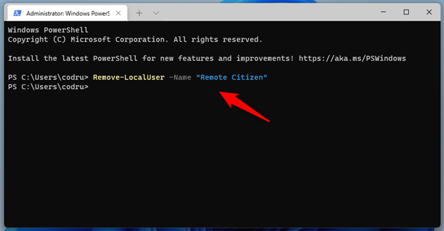 Remove an account in Windows 11 from PowerShell, in Windows Terminal