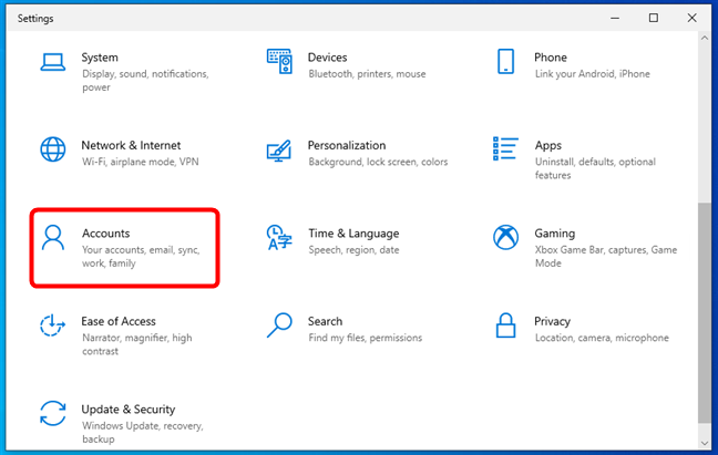 Access the Accounts section from Windows 10's Settings app