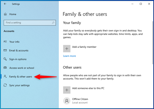 Family & other users in Windows 10's Settings