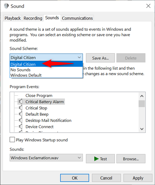 Windows 10 saves your new Sound Scheme