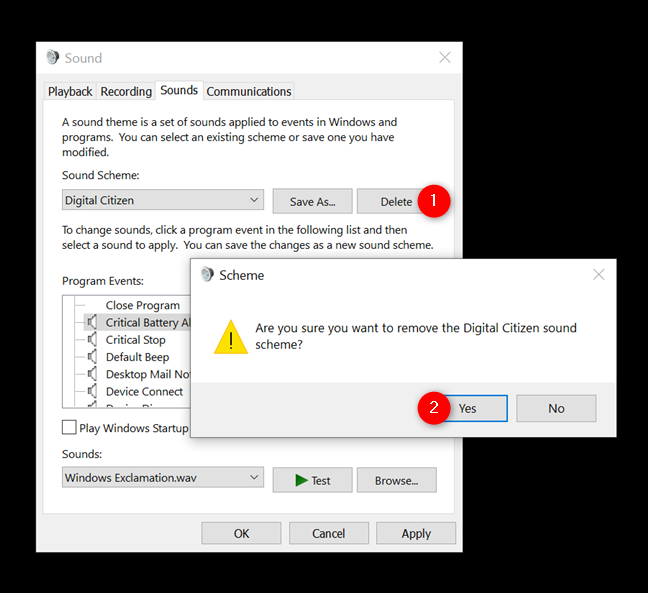How to delete a sound scheme in Windows 10