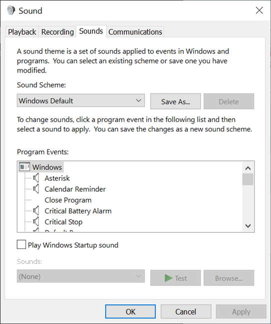 The Sound window from Windows 10