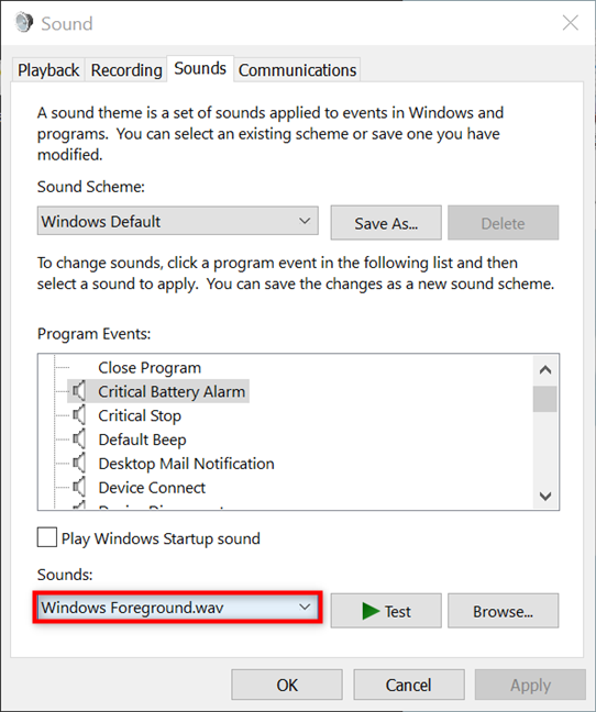 Use Sounds to choose another alert for a selected program event