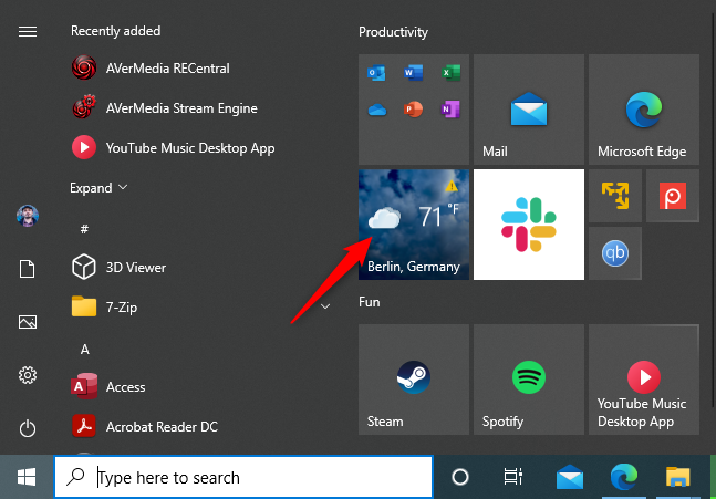 The Weather tile app in Windows 10
