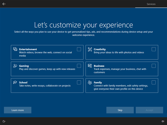Select the types of activities you perform in Windows 10
