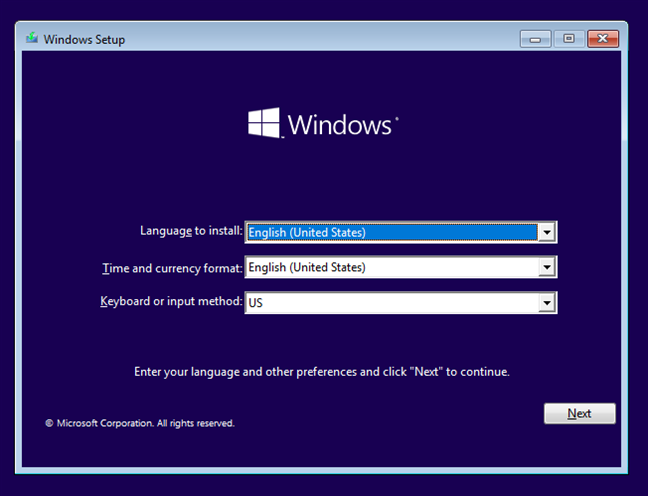 Windows 10 Setup - Choose the language, time, currency, and keyboard