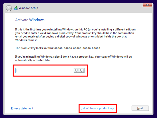 Enter the Windows 10 activation key