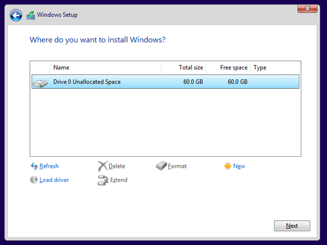 Choose the partition where to install Windows 10