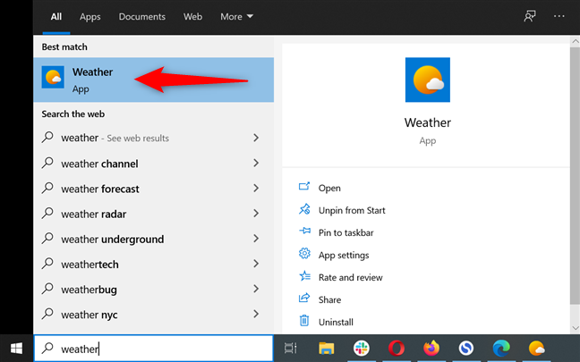 Launch the Windows 10 Weather app by searching for it