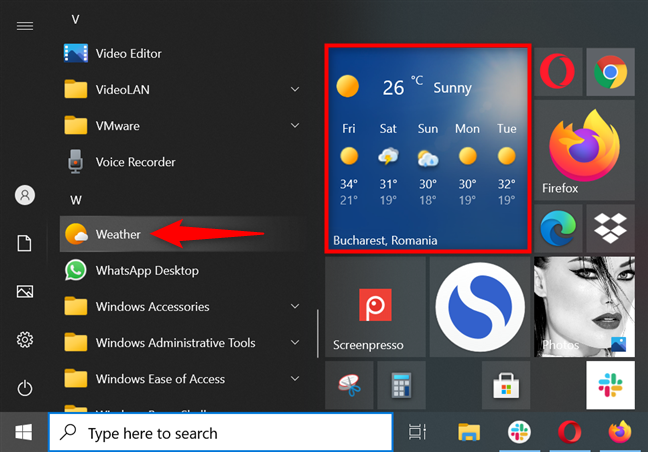 Launch the Windows 10 Weather app from the Start Menu