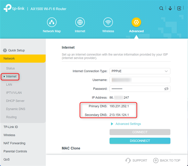 See the Primary DNS and Secondary DNS