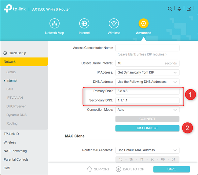 Enter the IP address for the Primary and Secondary DNS