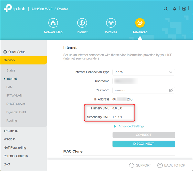 The TP-Link router uses the new DNS settings