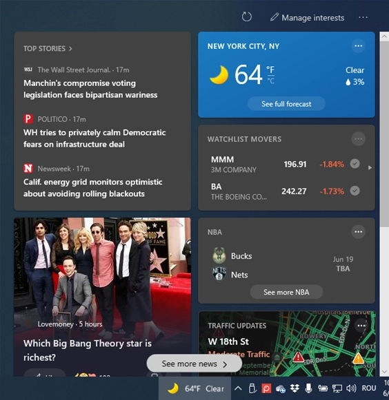 The News and interests widget 