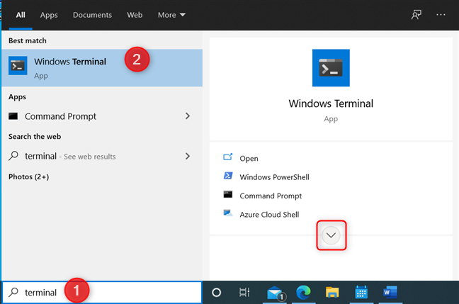 Search for terminal in Windows 10