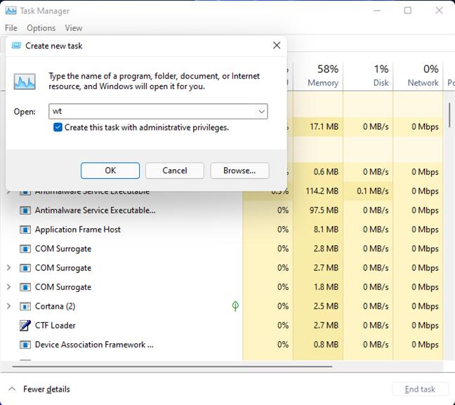 The Windows Terminal can be opened from the Task Manager