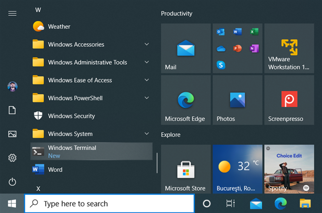 The Windows Terminal shortcut in the Windows 10 Start Menu